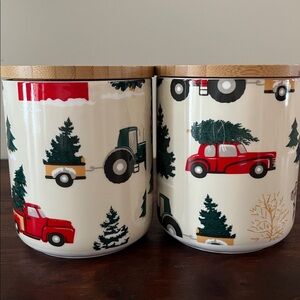 Set of 2 Festive Ceramic Canisters with Wooden Lids